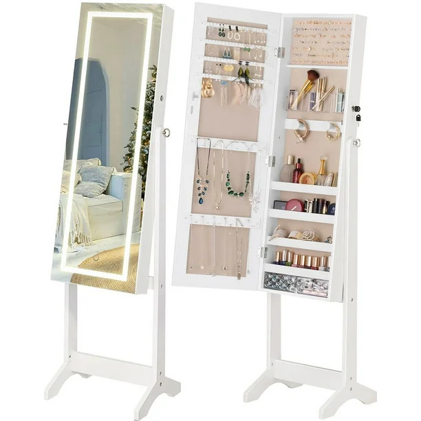 LUXFURNI Standing Jewelry Cabinet Armoire Lockable Full-length Mirror with LED Lights 2 Drawers A... | Walmart (US)