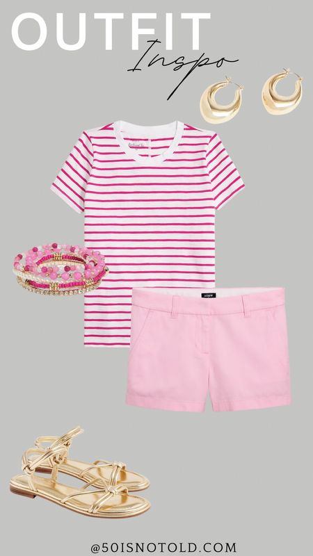 Pink outfit inspo | gold strappy sandals | summer shoes | casual weekend outfit | pink tee | pink shorts | summer outfit idea 

#LTKstyletip #LTKSeasonal #LTKshoecrush