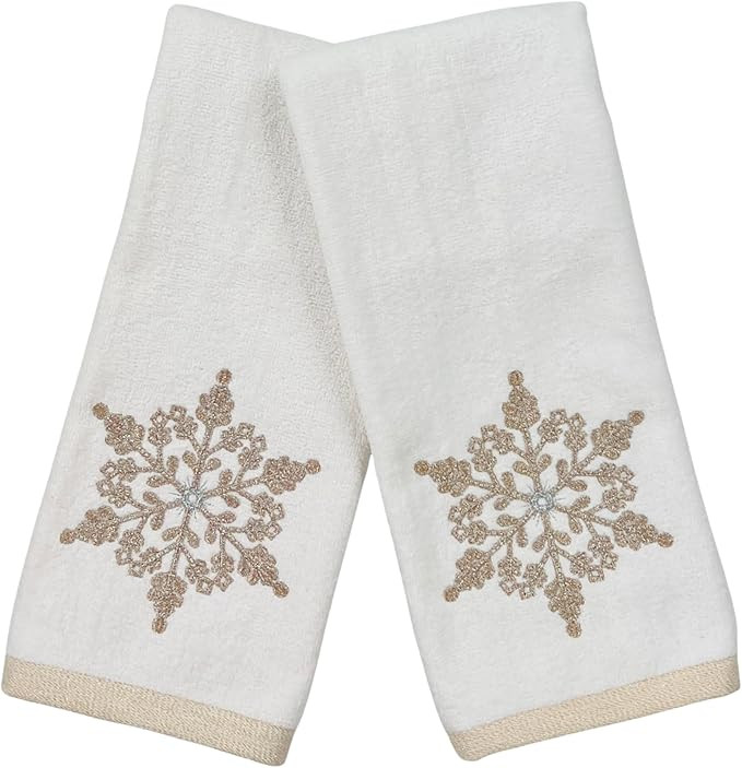 Christmas Hand Towels for Bathroom – Set of 2 White 100% Cotton Embroidered Gold Snowflake Desi... | Amazon (US)