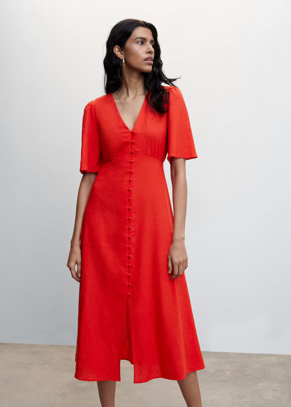 Buttoned linen-blend dress | MANGO (US)