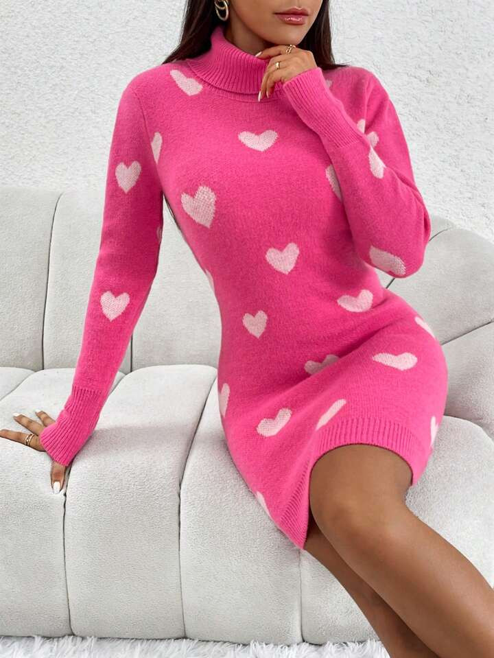 SHEIN Privé Heart Pattern Turtleneck Bodycon Sweater Dress | SHEIN