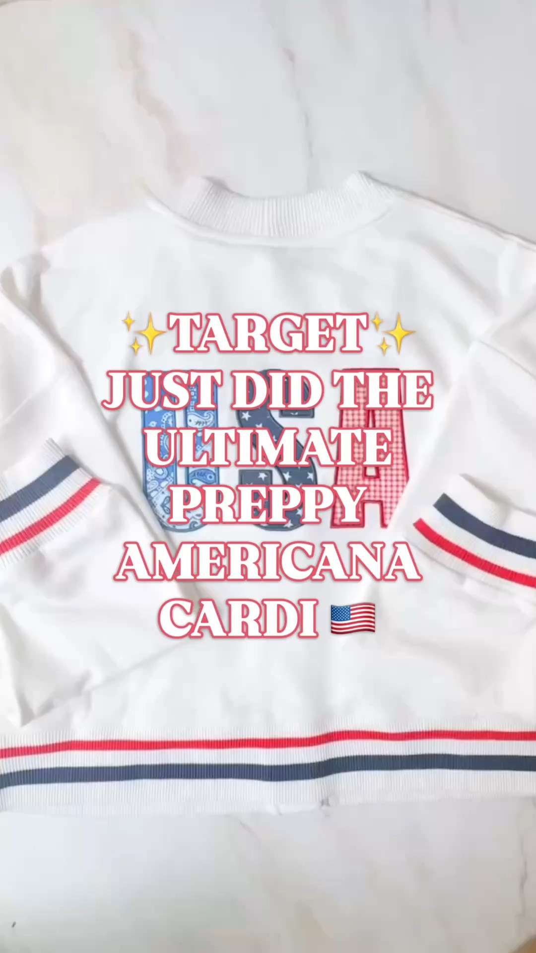 Target Americana cardigan, Target cardigan, patriotic cardigan women, preppy Americana outfit, red white and blue outfit, Fourth of July outfit, Memorial Day outfit, summer cardigan women

Target just dropped the ultimate preppy Americana cardigan, and this is the quintessential summer layer. 

The front is clean and classic with red, white, and navy stripe trim, but the back is the moment — oversized USA lettering in mixed patriotic prints that feels fun, preppy, sporty, and perfect for summer weekends.

The fabric is French terry with a cotton-rich feel, so it has that soft sweatshirt-cardigan comfort while still looking polished enough to wear out. It has a deep V-neck, front button style, ribbed cuffs, flap pockets, and an easy cropped length that works with shorts, skorts, denim, activewear dresses, tennis skirts, and casual summer basics.

Why it works:
✨ Target Americana find
✨ preppy patriotic cardigan
✨ red white and blue stripe trim
✨ USA graphic on the back
✨ cotton-rich French terry
✨ soft midweight feel
✨ button-front cardigan
✨ easy summer layer
✨ great for Memorial Day, Fourth of July, and Labor Day

This is the piece you throw over a white tank, active dress, tennis skirt, denim shorts, swimsuit, or casual travel outfi. 

Perfect for lake weekends, beach trips, pool days, cookouts, fireworks, summer travel, school pickup, errands, country club outfits, tennis outfits, pickleball outfits, and patriotic holiday weekends.

Target cardigan, Target Americana cardigan, Target USA cardigan, patriotic cardigan, patriotic sweater women, preppy cardigan women, USA cardigan women, red white and blue cardigan, Fourth of July outfit women, 4th of July outfit, Memorial Day outfit, Labor Day outfit, summer outfit women, lake weekend outfit, beach weekend outfit, preppy patriotic outfit, Americana style women, Target fashion finds, Target summer fashion, JoyLab cardigan

#LTKFindsUnder50 #TargetStyle #TargetFinds #GoingViral #PreppyStyle 

#LTKootd #LTKActive #LTKSeasonal