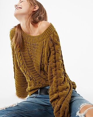 Express Womens Cable Knit Matte Chenille Balloon Sleeve Sweater | Express