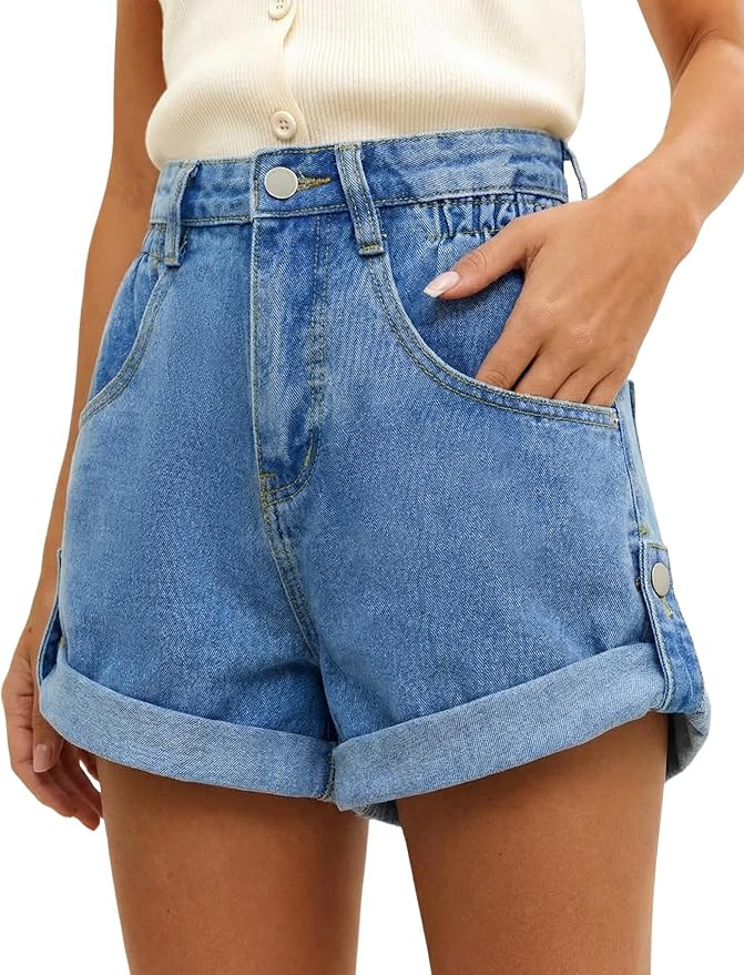 BISUAL Womens Jean Shorts High Waisted Denim Shorts Stretchy Rolled Folded Hem Summer Casual Jort... | Amazon (US)