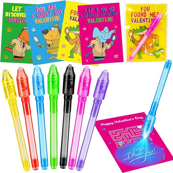 28PCS Spy Pens Valentines Day Gifts for Kids School Magic UV Light Pen Valentine Exchange Cards f... | Amazon (US)