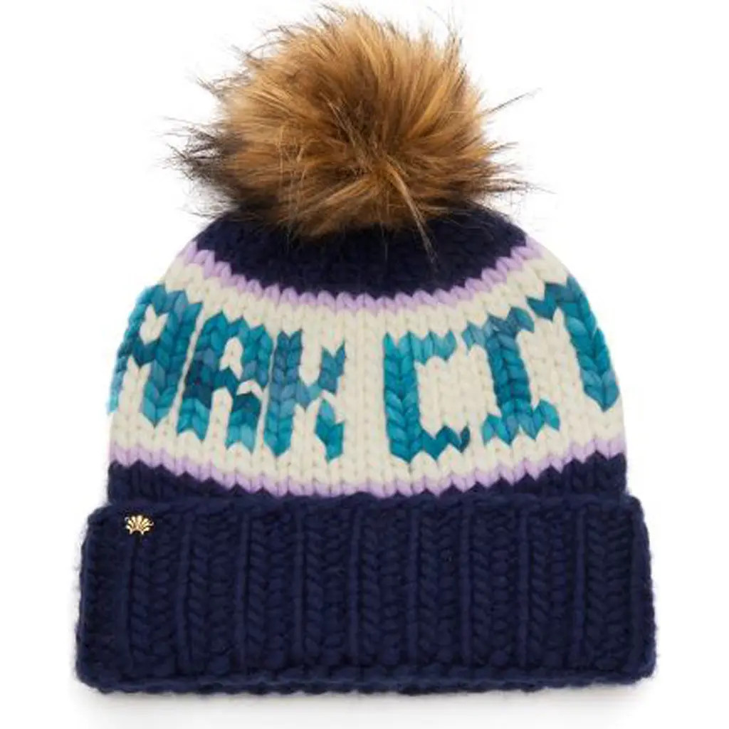 Lele Sadoughi Park City Faux Fur Pompom Merino Wool Beanie in Navy at Nordstrom | Nordstrom