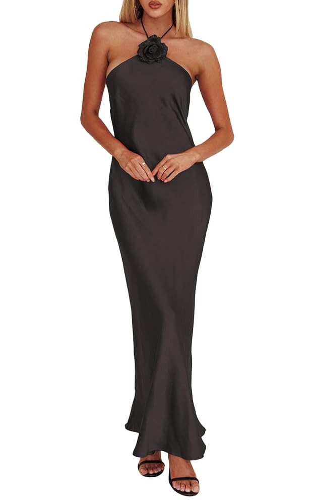 Summer Satin Halter Backless Maxi Dresses for Women 2025 Silk Sleeveless Formal Wedding Guest Lon... | Amazon (US)