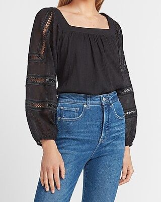 Square Neck Embroidered Sleeve Top | Express