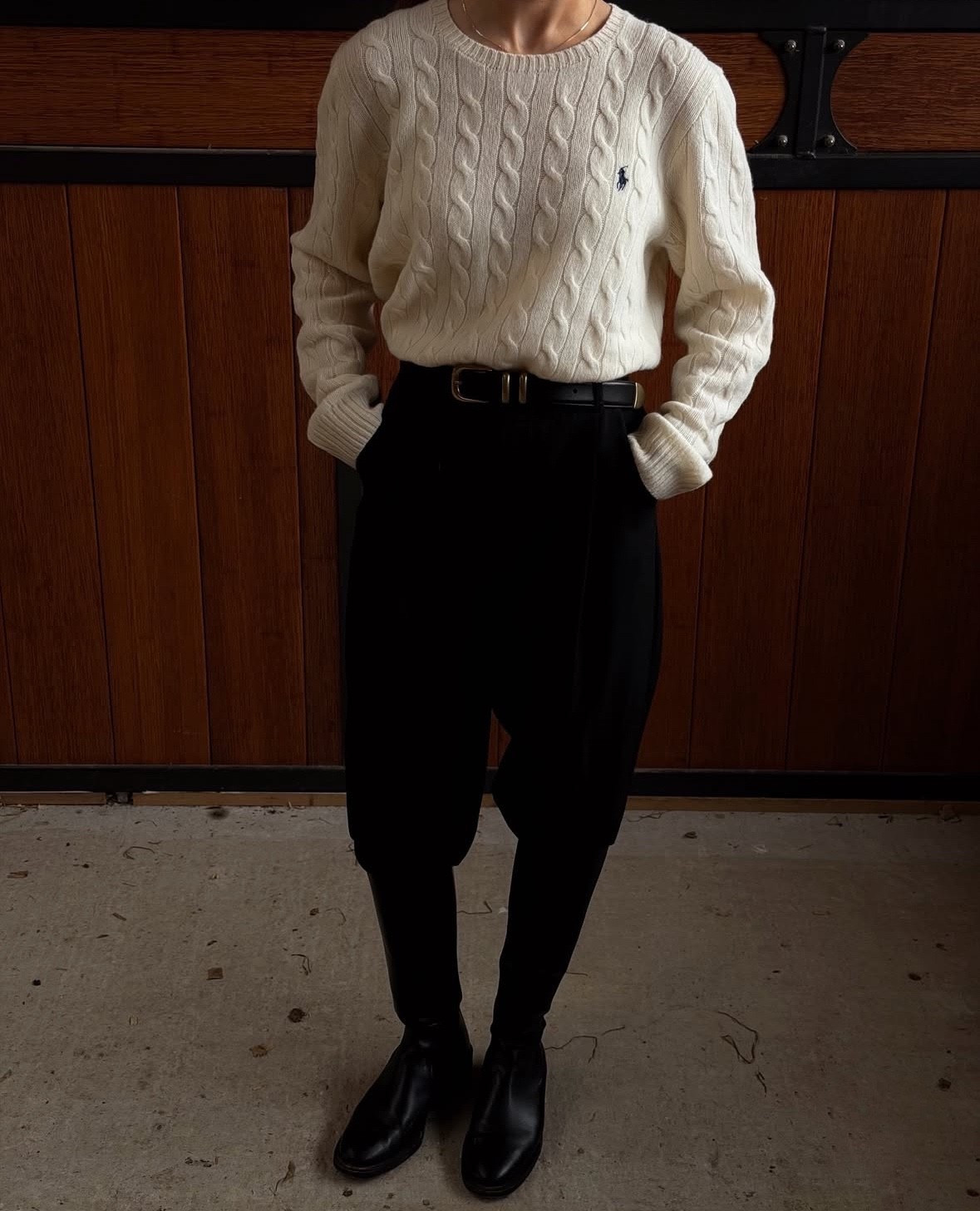 Equestrian chic 🤍 styling a white Ralph Lauren kable knit sweater, with black tailored Zara pants, a Boggi belt and Massimo Dutti Boots

#LTKuk #LTKautumn