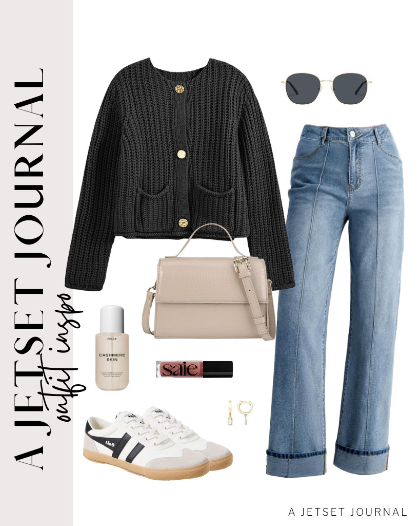 These wide-leg cuffed jeans go well with this black cardigan. You will be even more stunning with Gola fashion sneakers and a top-handle crossbody purse. If you have this PHLUR cashmere body mist or plan to get it, don’t forget to use it before going out. 

 #LTKSeasonal #LTKSaleAlert #LTKTravel
