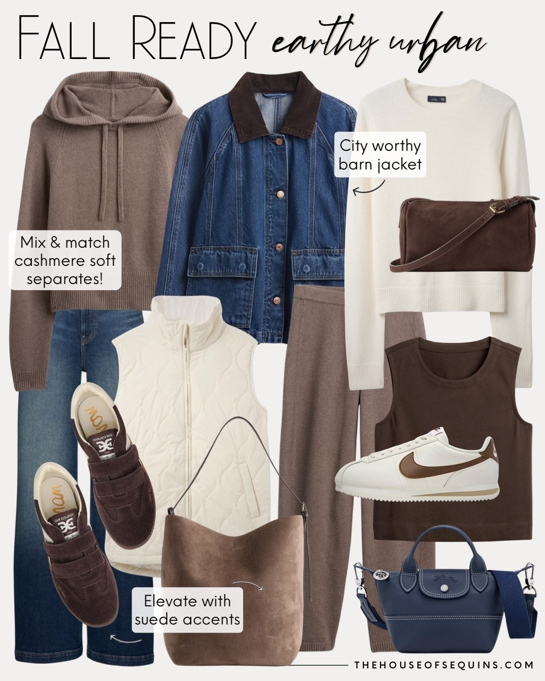 Shop casual fall outfits, monochromatic matching set, tonal outfit, loungewear, barn jacket, denim jacket, wardrobe basics, suede bag, chocolate brown suede sneakers, chocolate brown suede bag, Longchamp Le Pliage and more! 

#LTKSaleAlert #LTKFindsUnder100 #LTKFindsUnder50