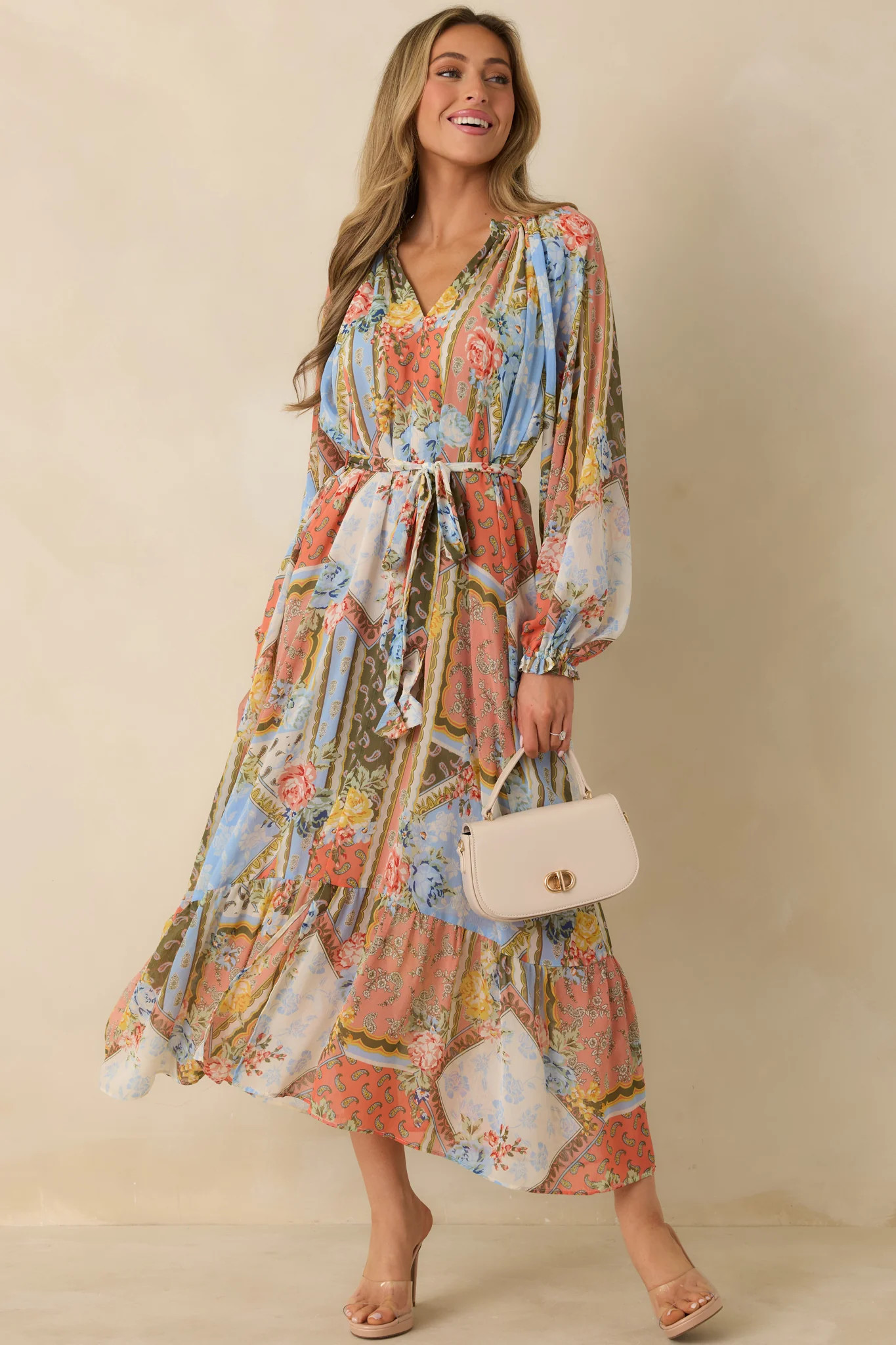 Take Your Breath Away Multi Floral Print Long Sleeve Maxi Dress | Red Dress