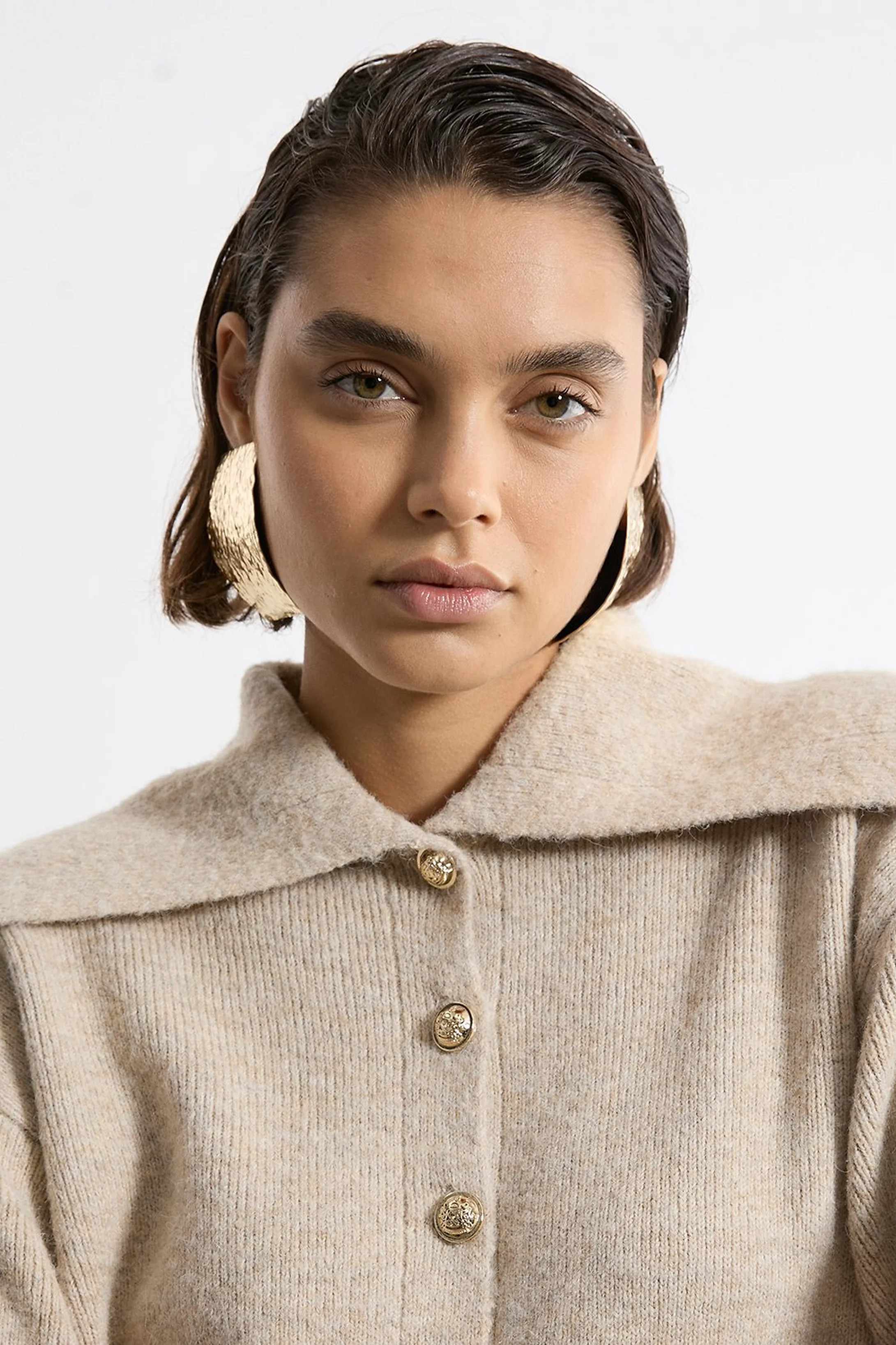 Wool Blend Cosy Knit Fly Collar Boxy Cardi | Karen Millen | Karen Millen UK + IE + DE + NL