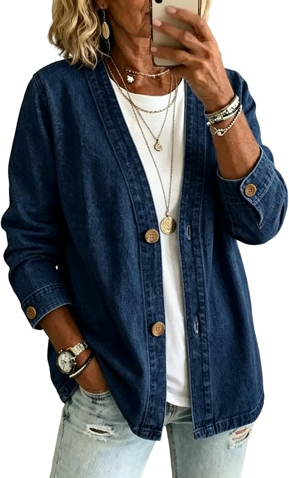 Women's Button Front Denim Jacket V Neck Casual Jean Jacket Lightweight Denim Coat for Daily Wear | Amazon (US)