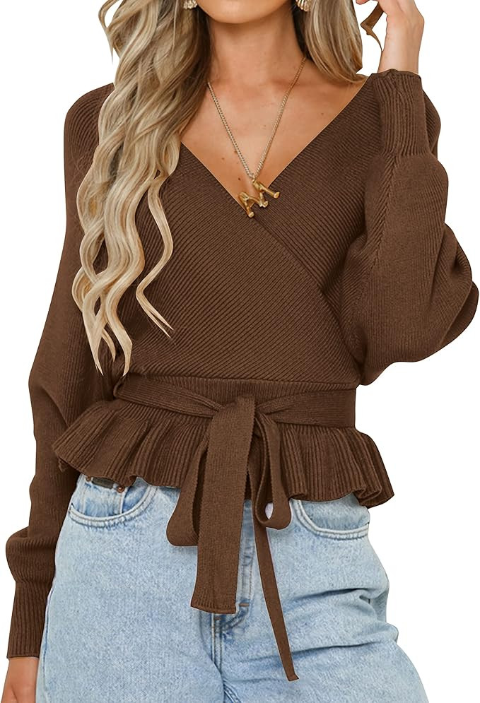 ZESICA Women's Wrap V Neck Long Batwing Sleeve Belted Waist Ruffle Knitted Sweater Pullover Top | Amazon (US)