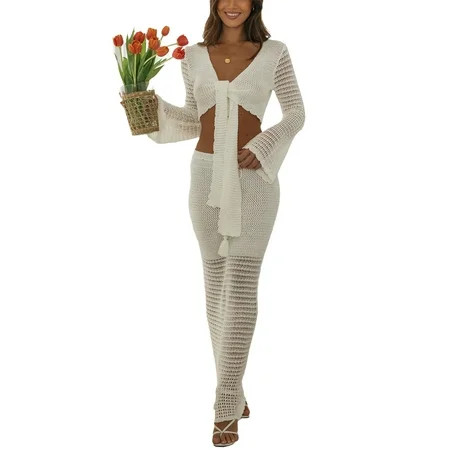 Women Spring Knit Skirt Outfits Solid Color Cutout Tie Knot Long Sleeve Knit Crop Tops Long Skirt 2 Pieces Clothes Set | Walmart (US)