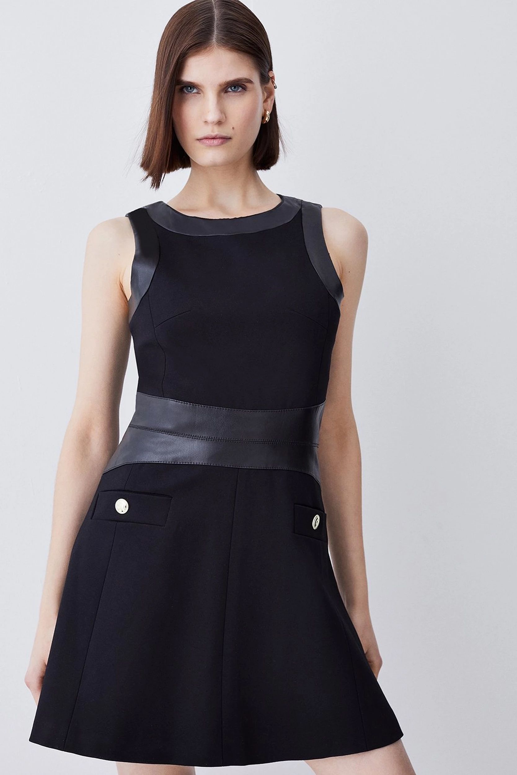 Ponte & Faux Leather A Line Flippy Mini Dress | Karen Millen US