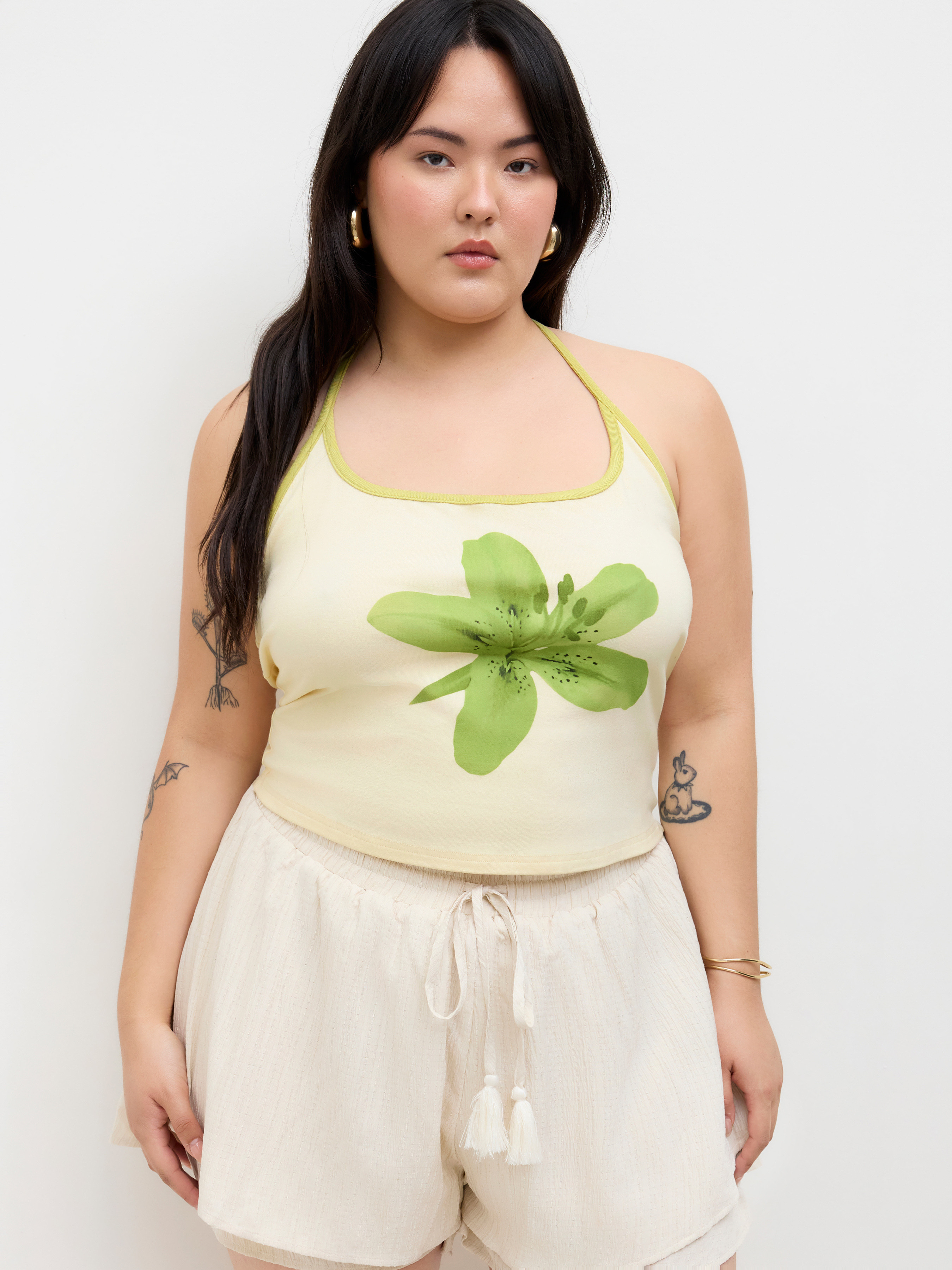 Knit Fabric Halter Neckline Floral Graphic Contrasting Binding Cami Top Curve & Plus For Daily Ca... | Cider