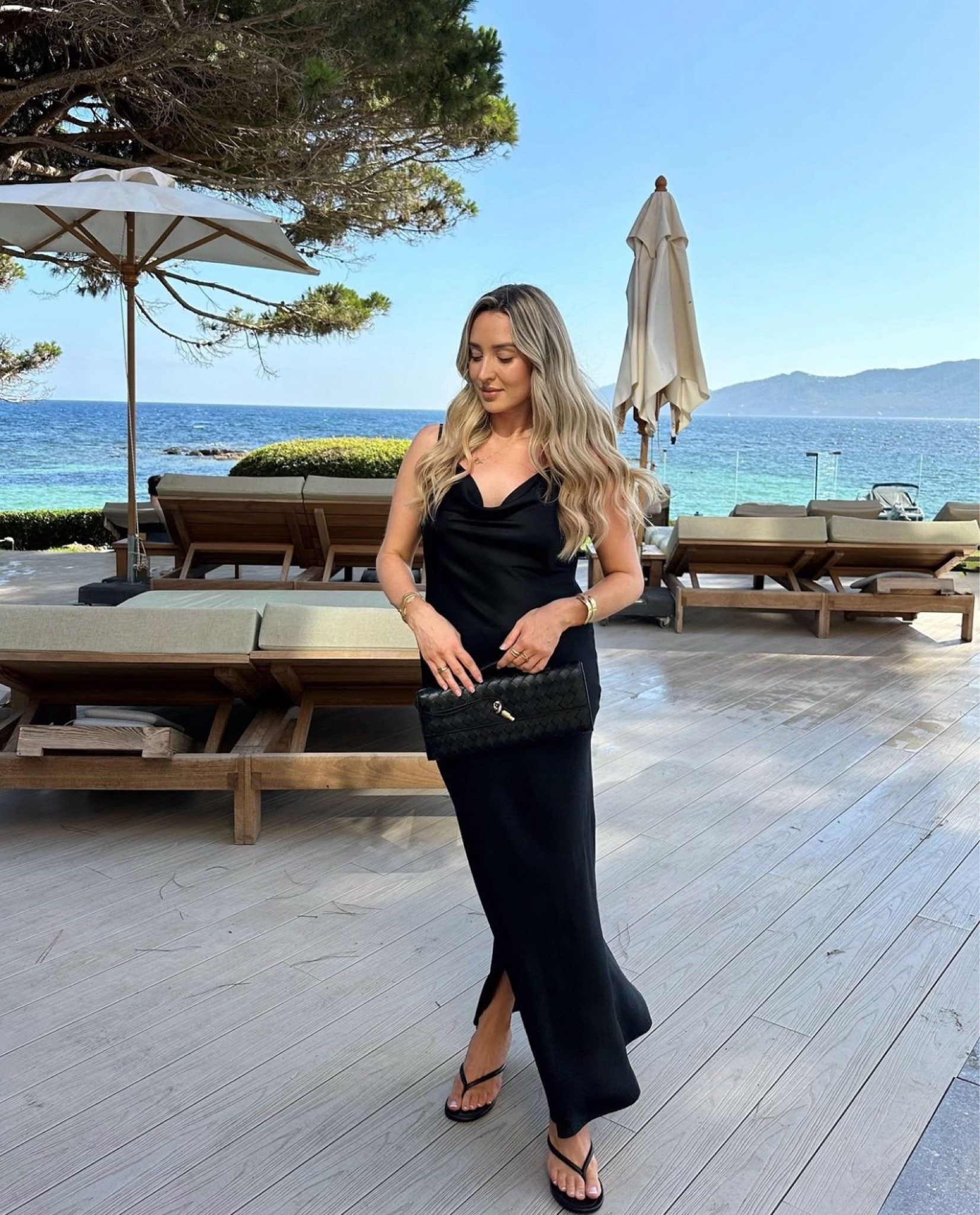 Ibiza evening look - gorgeous elegant cowl neck slip dress from Reiss, styled with Pandora jewellery, Mango heeled flip flops and my new Bottega Veneta bag

#LTKluxury #LTKtravel #LTKsummer