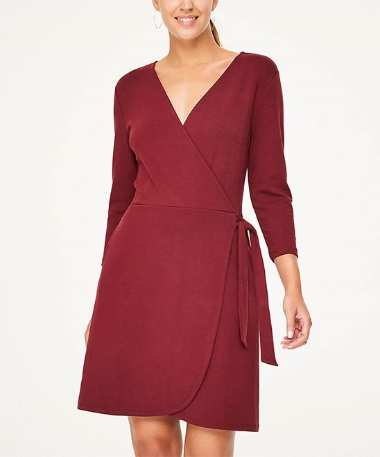 LOFT Outlet Women's Casual Dresses Rioja - Rioja Red Three-Quarter Sleeve Wrap Dress - Women | Zulily