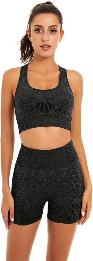 Women Seamless Yoga Workout Set 2 Piece Outfits Gym Shorts Sports Bra | Amazon (US)