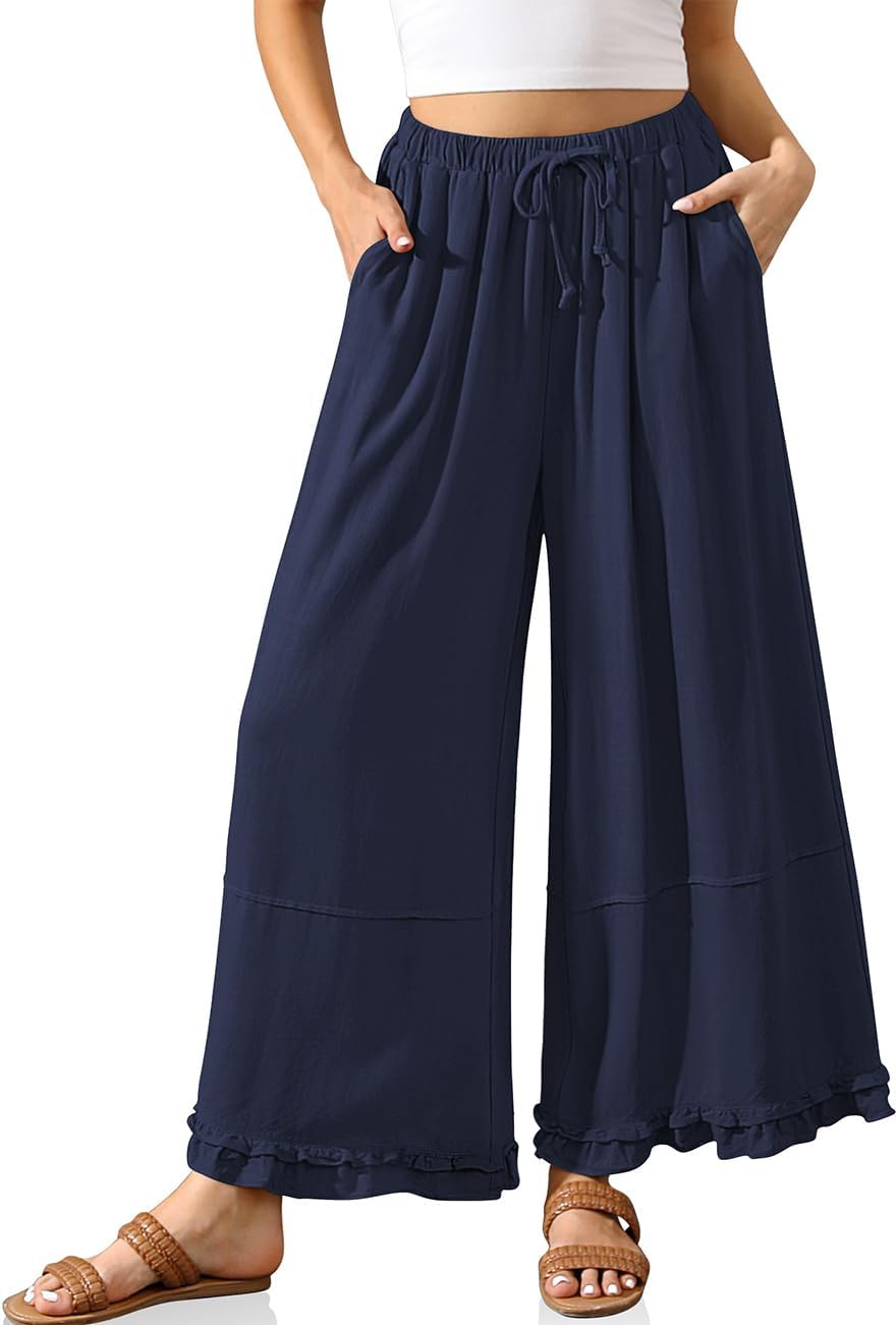 TARSE Womens Linen Palazzo Pants Ruffle Wide Leg Cropped Flowy Drawstring Casual Loose Summer Beach with Pockets | Amazon (US)