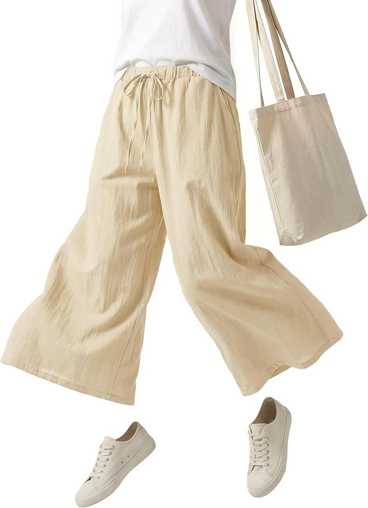 VZQI Women's Linen Blend Palazzo Pants High-Waist Wide Leg with Pockets & Drawstring for Beach Yo... | Amazon (US)