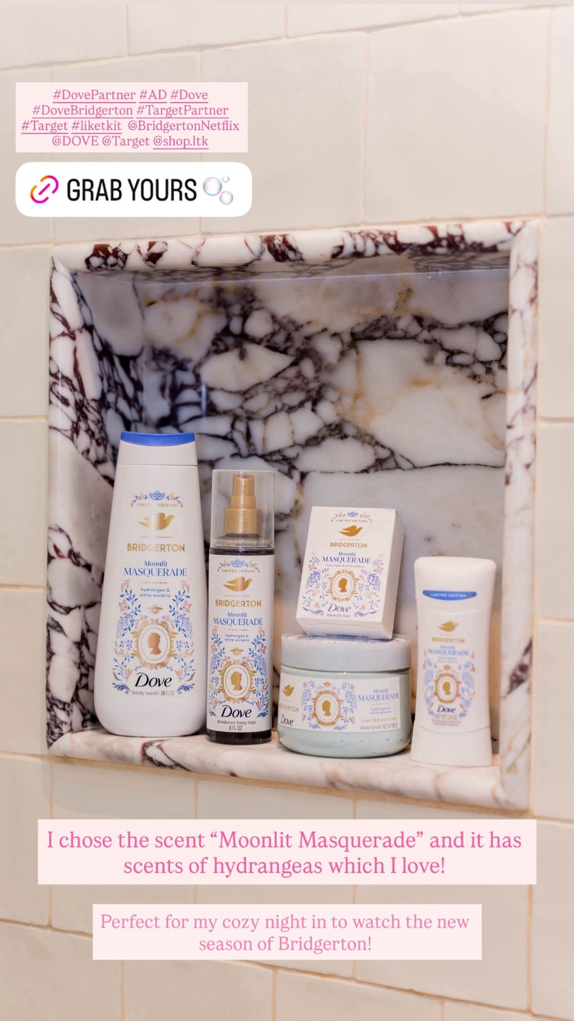 #DovePartner Ready to feel like you’re a part of the Bridgerton family?🦋🩵 @Dove has partnered with @BridgertonNetflix to create a limited edition collection of body wash, body mists, and more inspired by the amazing world we see in the show. This line was created right on time for the premiere of season 4, and I know I will be using every single one of these products as I relax and get ready to watch!📺 My personal favorite scent is Moonlit Masquerade as it has hints of white wisteria and hydrangeas. @Target #Dove #DoveBridgerton #TargetPartner #Target 

#LTKselfcare