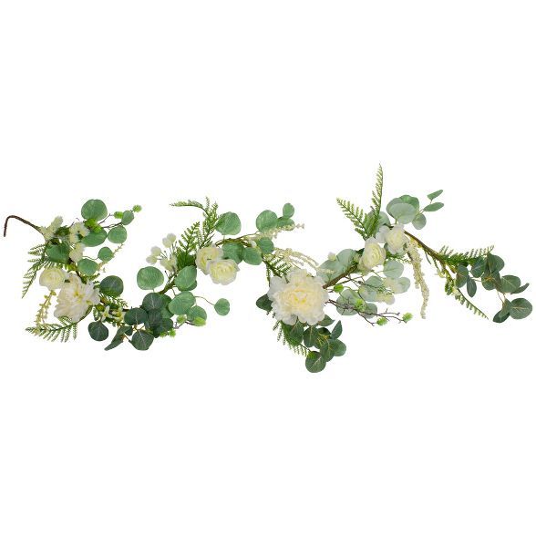 Northlight 5ft White Peony with Spring Foliage Artificial Garland | Target