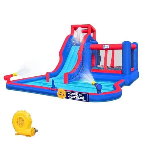 Sunny & Fun 2-in-1 Bounce & Blast Inflatable Water Slide Park – Heavy-Duty for Outdoor Fun - Climbing Wall, Slide, Bouncer, Tunnel & Splash Pool – Easy to Set Up, Included Air Pump & Carrying Case | Amazon (US)