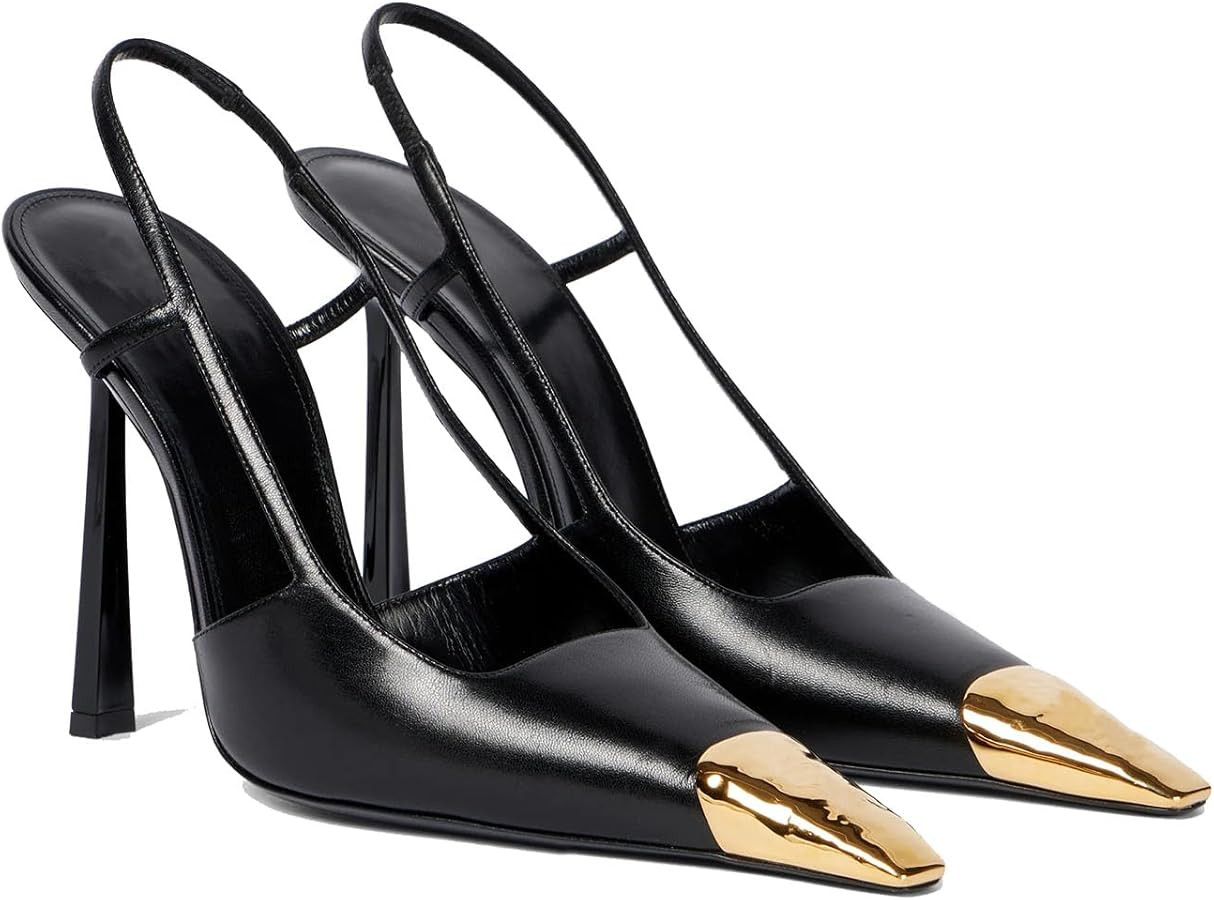 THESHY Womens Slingback High Heels Metal Pointed Toe Leather High Stiletto Heel Pumps Slip on Ela... | Amazon (US)