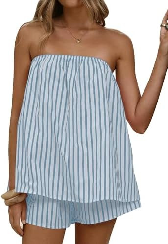 Women Striped 2 Piece Outfits Strapless Tube Tops Short Set Summer Vacation Y2k Sleeveless Backle... | Amazon (US)