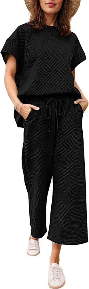 Ekouaer Womens 2 Piece Outfits Sweatsuits Casual Pullover Cap Sleeve Tops and Wide Leg Sweatpant ... | Amazon (US)
