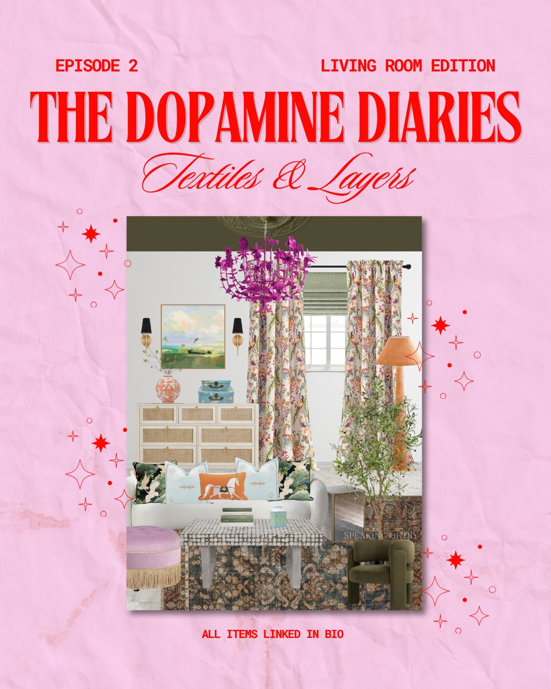 The Dopamine Diaries: Living Room 02

Paint color (ceiling)
Behr: Fig Tree
Sherwin Williams: Olive Grove

Maximalist style, eclectic interiors, colorful design, pattern play

#LTKSeasonal #LTKHome #LTKSaleAlert