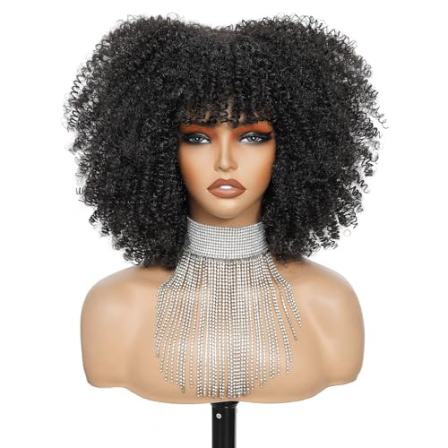 Charming cascade Afro Bomb Curly Wig with Bangs, Synthetic Fiber Glueless 11 Inch Bob Kinky Curly Bangs Wig, Fluffy Curly Hair Wigs for Black Women Ready to Go Wig Dark Brown | Amazon (US)