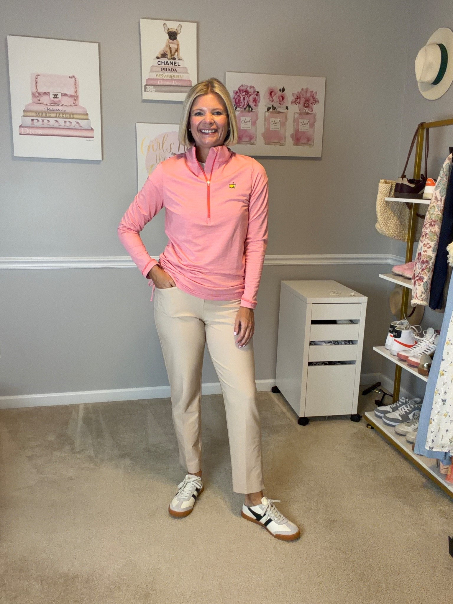 Cropped straight leg elastic waist pants TTS wearing a 10 but need an 8
Slip on Gola sneakers TTS
Orange stripped Masters pullover from Augusta (sorry!)

#LTKOver40 #LTKWorkwear #LTKActive