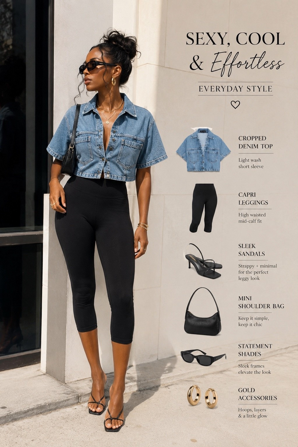 Denim tops + capri leggings are officially that girl again 🖤✨
This look gives cool girl street style with a little sporty edge, and honestly the strappy heels took it from casual to elevated real quick.

Cropped denim tops, capri leggings, sleek sandals, mini shoulder bags, and statement sunglasses are becoming my favorite formula for an effortless summer outfit that still looks styled.

Perfect for date night, brunch, vacation, concerts, or just pretending the sidewalk is your runway 

#CapriLeggings #DenimTop#FashionInspo #ElevatedBasics

#LTKootd #LTKmomlife