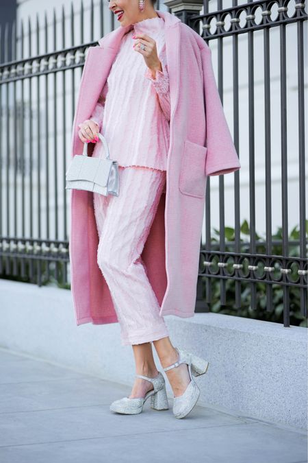Casual glam for Valentine’s Day. Shop Buru. 

Blush mod top and pants. Rhinestone Mary Jane shoes. Silver rhinestone bag. Feminine style. Pink coat  

#LTKGiftGuide #LTKitbag #LTKshoecrush