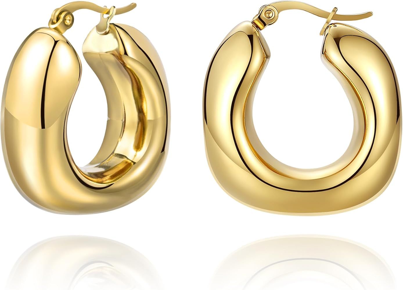 Chunky Gold Hoop Earrings for Women Trendy Thick Stainless Steel Earrings with 18K Gold Plated, H... | Amazon (US)