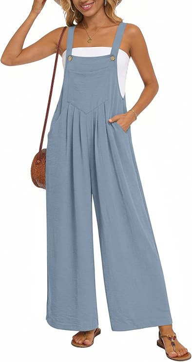 Womens Casual Jumpsuits Loose Wide Leg Overalls Summer Sleeveless Adjustable Strap Rompers with P... | Amazon (US)