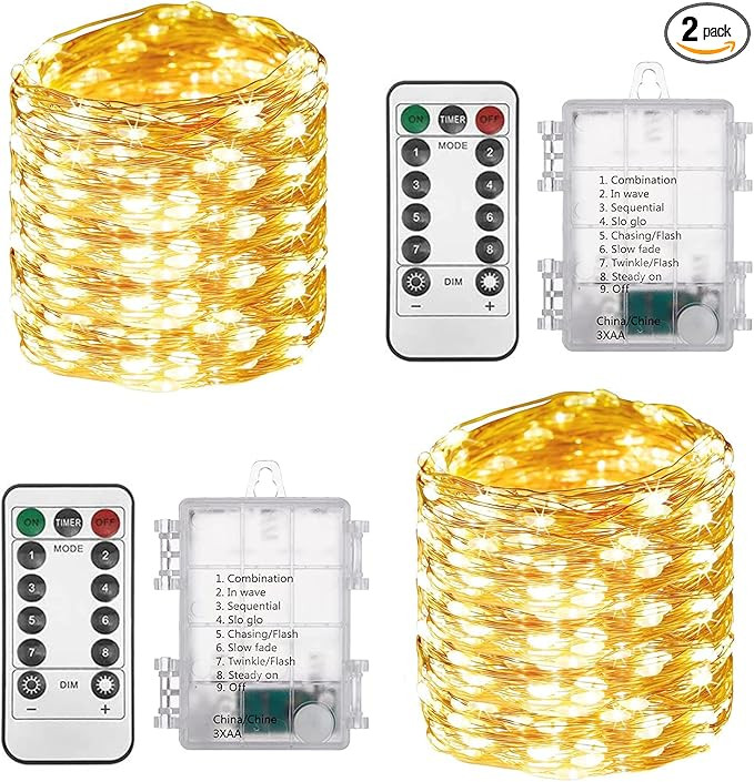 2Pack 100 LED Fairy Lights Battery Operated String Lights with Remote & Timer, 33FT Waterproof Co... | Amazon (US)