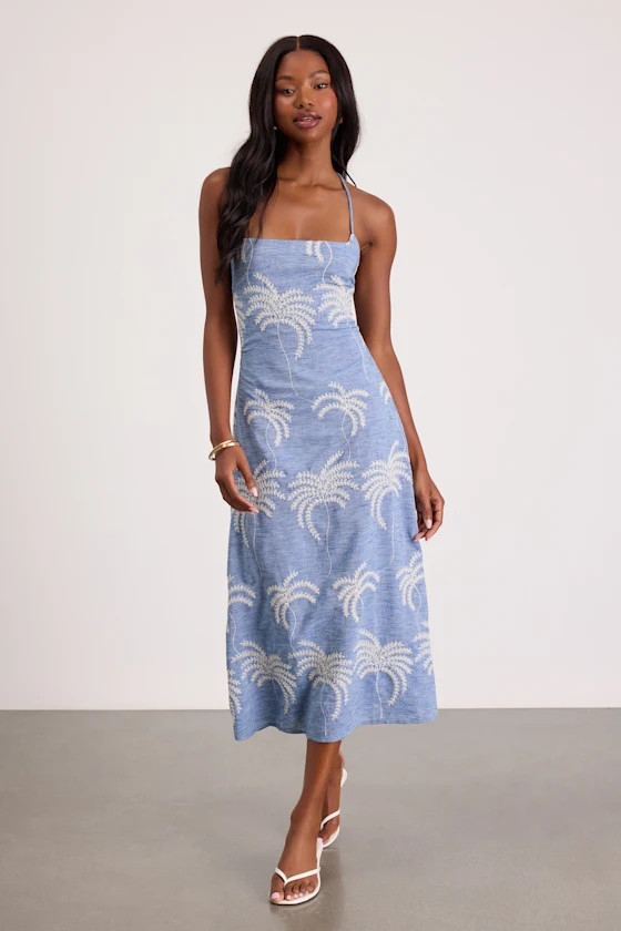 Destin Light Blue Embroidered Lace-Up Midi Dress | Summer Outfits 2026 | Lulus