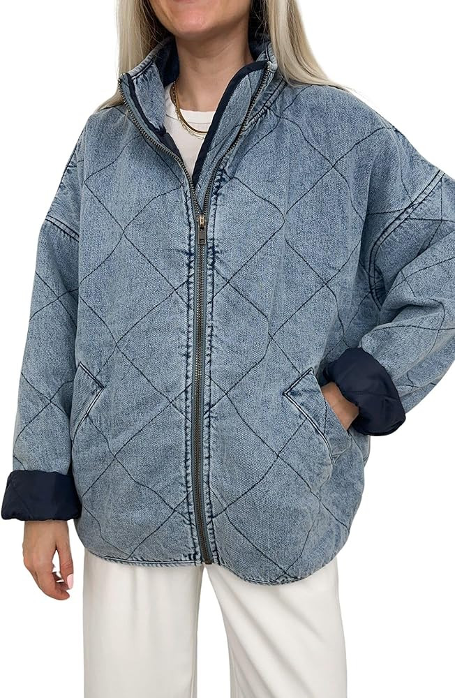 utcoco Women's Oversized Long Sleeve Denim Jacket Casual Loose Fit Zip Up Jean Quilted Jackets Co... | Amazon (US)