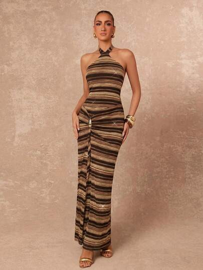 Lumalex Halter Neck Cross Strap Metallic Striped Print Glitter Shinny Fabric Ruched Waist Metal B... | SHEIN