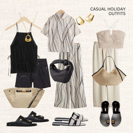 Casual holiday outfits 🏝️ Just some simple casual holiday looks for warmer weather, strolling the city or having a walk on the beach. 

Short-Sleeve Shirt, Flat sandals with metallic embellishment, Strappy Silk Top, Tie-detail crochet-look top, slides, sandals, Linen pull-on trousers, woven leather slides, casual summer outfit, spring outfit, beach outfit, denim shorts

#LTKstyletip #LTKtravel #LTKsummer
