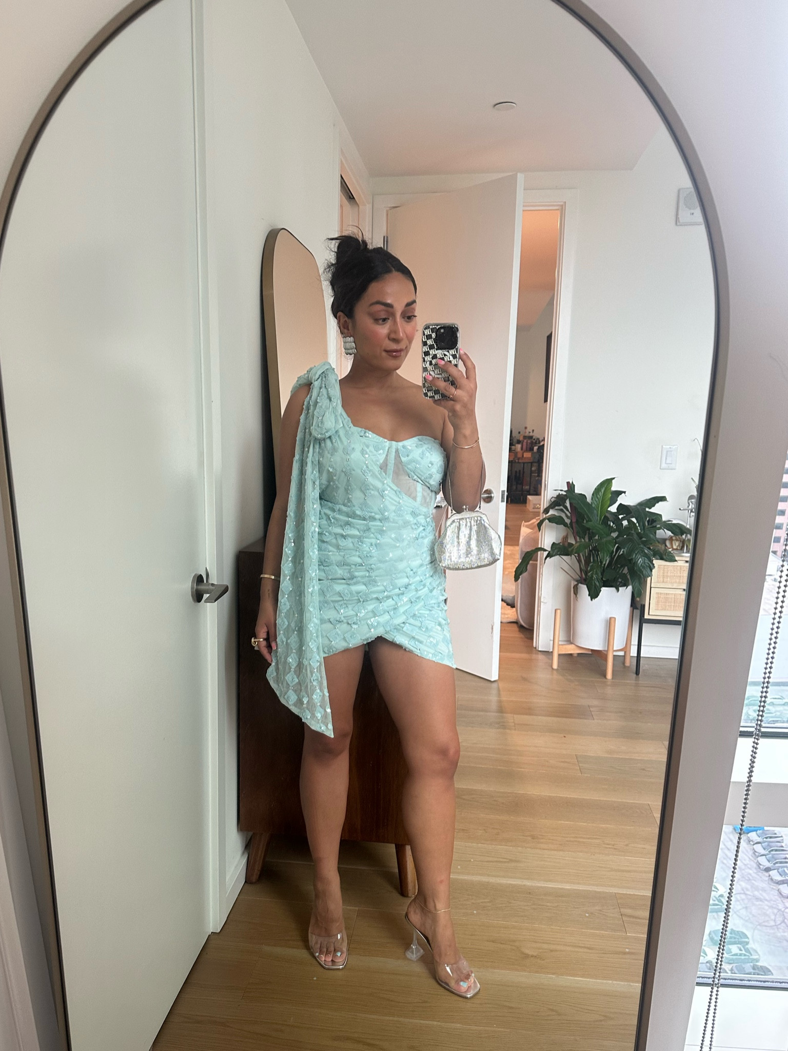 A glam turquoise asos beaded mini dress with corset detail for a fun Vegas wedding. Paired with clear Amina MUADDI Lupita heels and a vintage silver mini bag. 

#LTKwedding