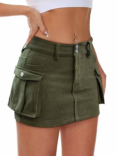 Mancreda Women Cargo Mini Skirt Low Waist Button Bodycon Y2K Pockets Corduroy Skirts | Amazon (US)