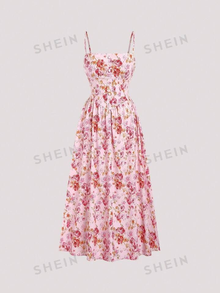 SHEIN WYWH Floral Printed Waist-Tied Strappy Dress | SHEIN