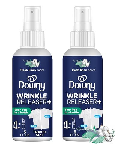 Downy Wrinkle Releaser Spray All In One Wrinkle Release Spray Travel Size, Odor Eliminator, Static Remover Fabric Refresher & Ironing Aid for Clothes 3 Fl Oz (Pack of 2), Crisp Linen Scent | Amazon (US)
