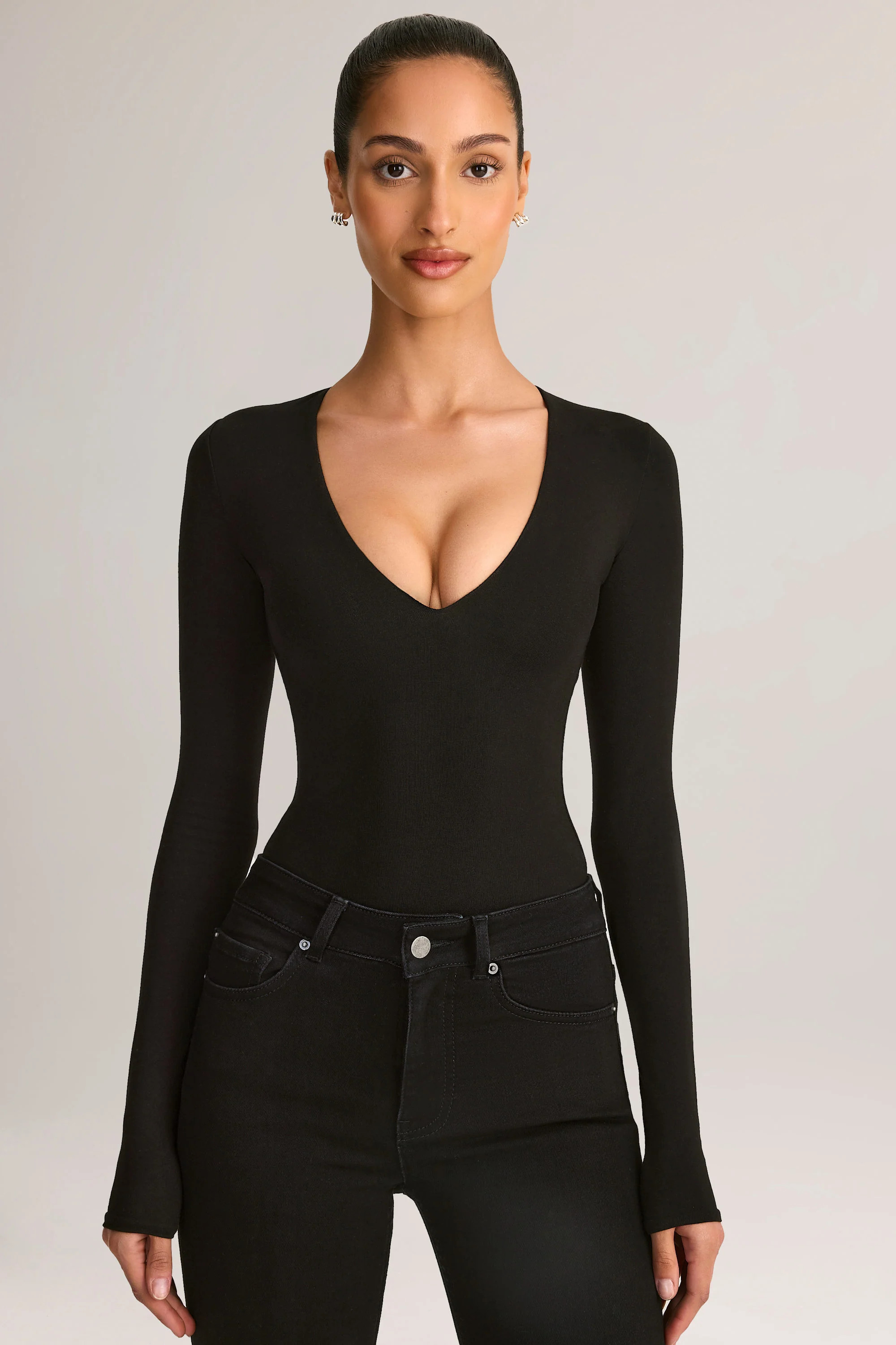 Modal Plunge Long-Sleeve Bodysuit in Black | Oh Polly